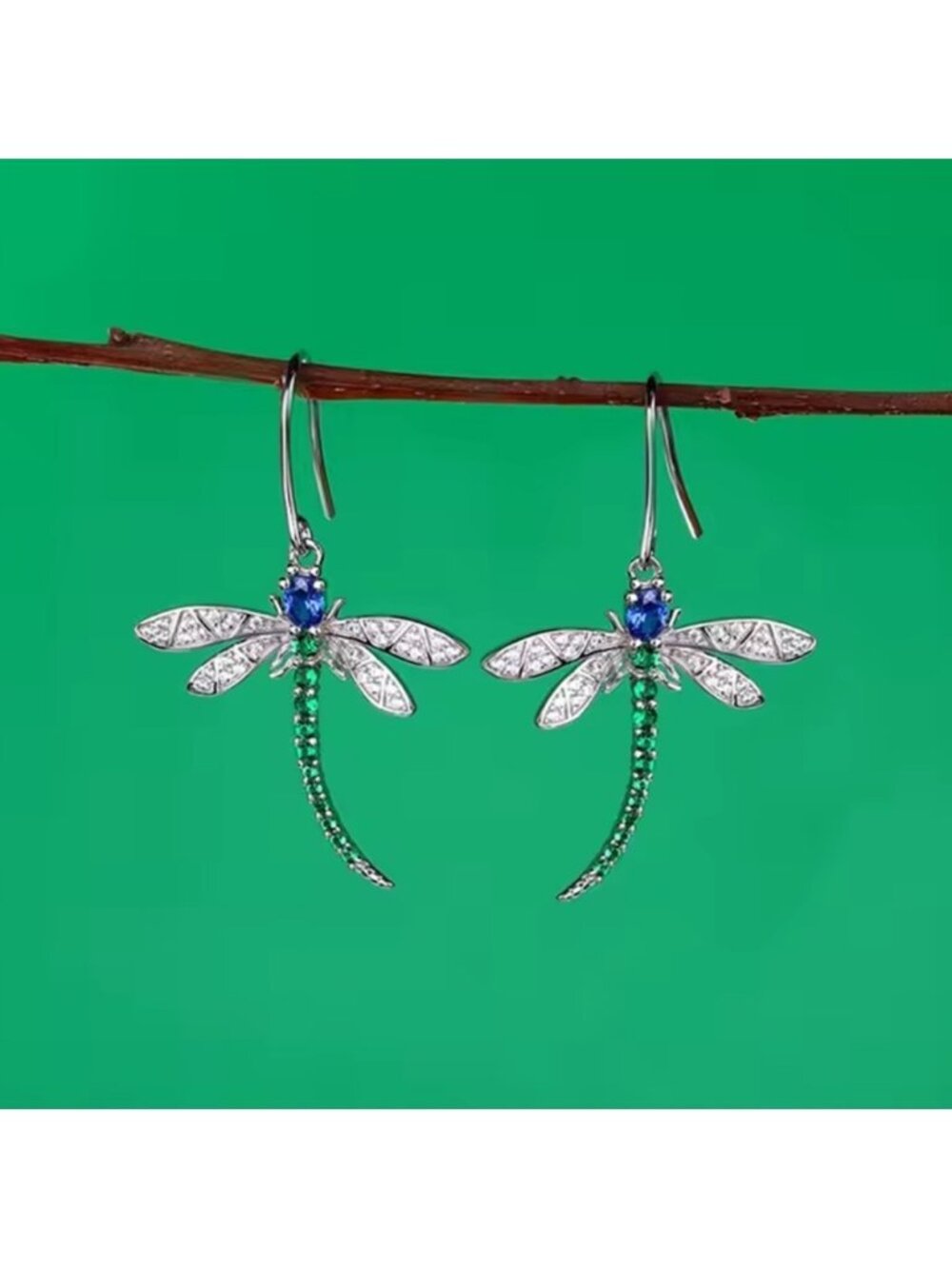 Emerald Green Dragonfly Dangle Earrings